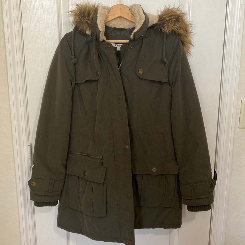 DKNY Olive Green Coat with Faux Fur Trimming